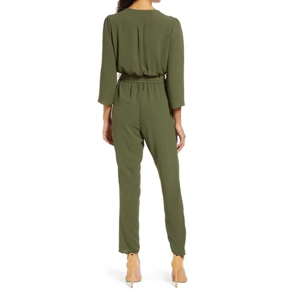 Fraiche by J Olive Green Wrap Waist Tie Jumpsuit Women Size L - Picture 2 of 10